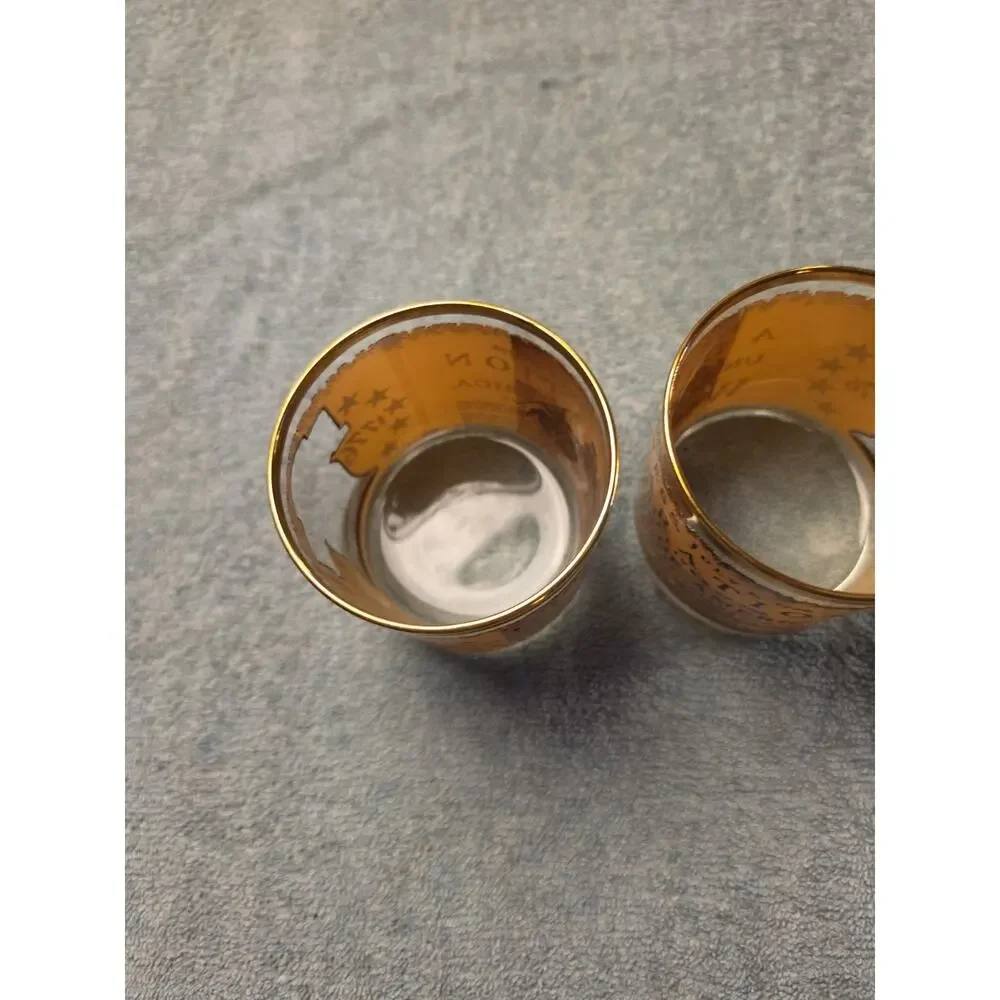 Vintage 1976 Bicentennial Lowball Glasses Pair 1776 Liberty Bell Gold Rim Houze